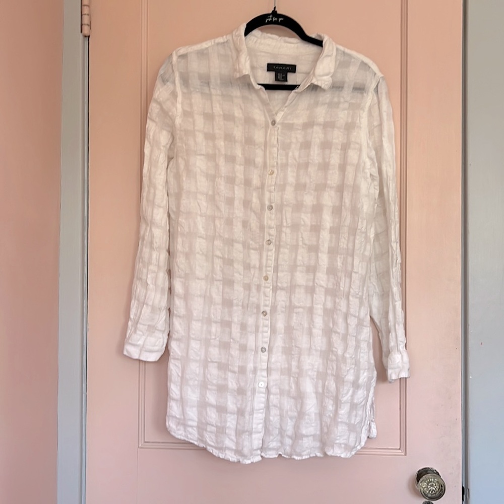 Tahari button down gauzy white tunic - size XL